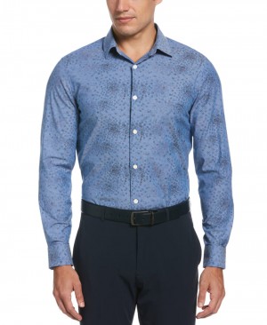 Perry Ellis Big & Tall Chambray Square Print Stretch Shirt Dark Sapphire | 167YXCZTV