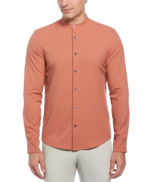 Perry Ellis NEW! Untucked Total Stretch Slim Fit Banded Collar Shirt Cedar Wood | 406WAEKPY