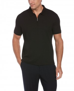 Perry Ellis Quarter Zip Ribbed Polo Black | 879XHKONP