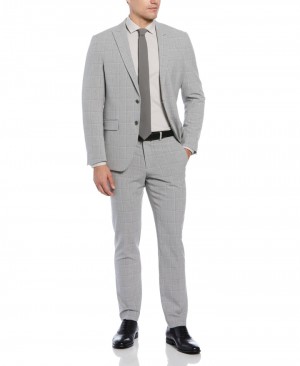 Perry Ellis Slim Fit Charcoal Windowpane Suit Grey | 347LAZPBY