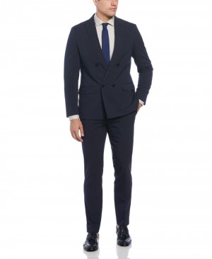 Perry Ellis Slim Fit Double Breasted Navy Pinstripe Suit Navy | 427YVAWOF