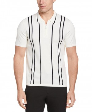 Perry Ellis Tech Knit Vertical Stripe Zip Polo Cream | 942YLWBNO