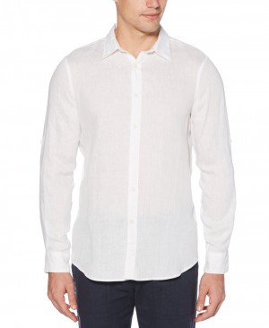 Perry Ellis Untucked Roll Sleeve Linen Chambray Shirt Bright White | 915JXVQER