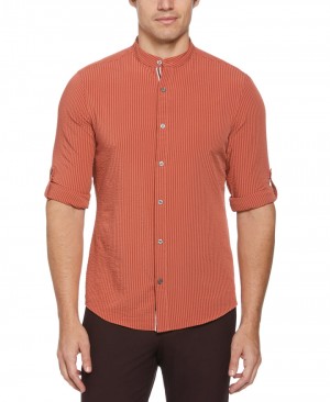 Perry Ellis Untucked Roll Sleeve Slim Fit Seersucker Stretch Shirt Etruscan Red | 536BEPMKN