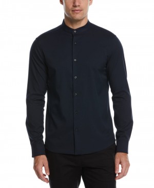 Perry Ellis Untucked Total Stretch Slim Fit Banded Collar Shirt Dark Sapphire | 765GNWYBQ