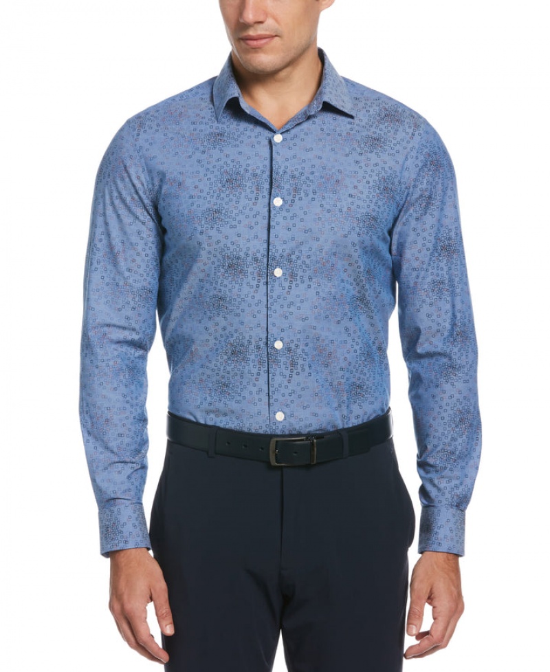 Perry Ellis Big & Tall Chambray Square Print Stretch Shirt Dark Sapphire | 619UPYEGF