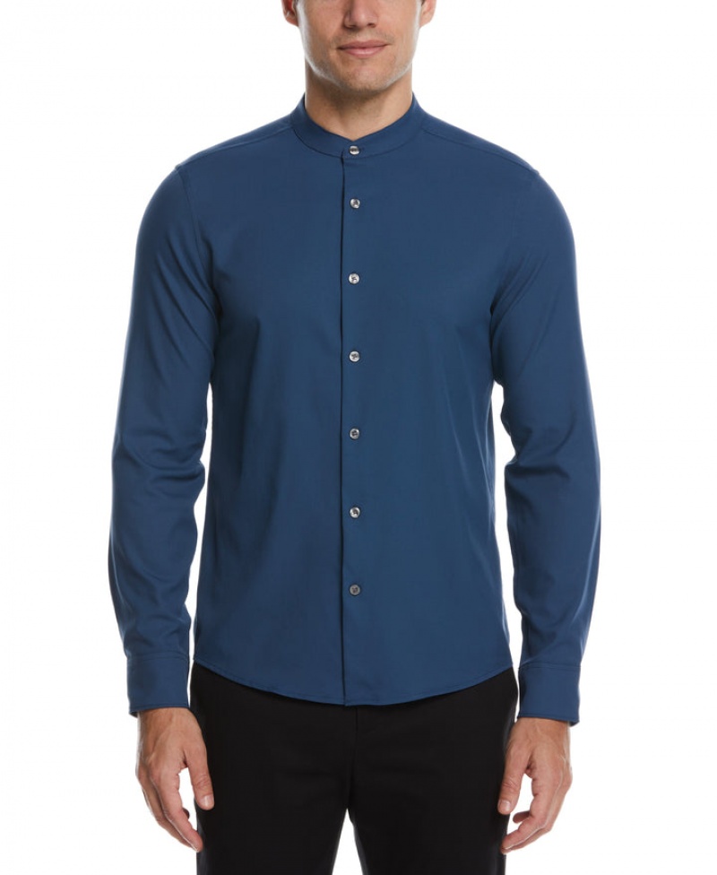 Perry Ellis Big & Tall Untucked Total Stretch Banded Collar Shirt Dark Denim | 912VYQNUR