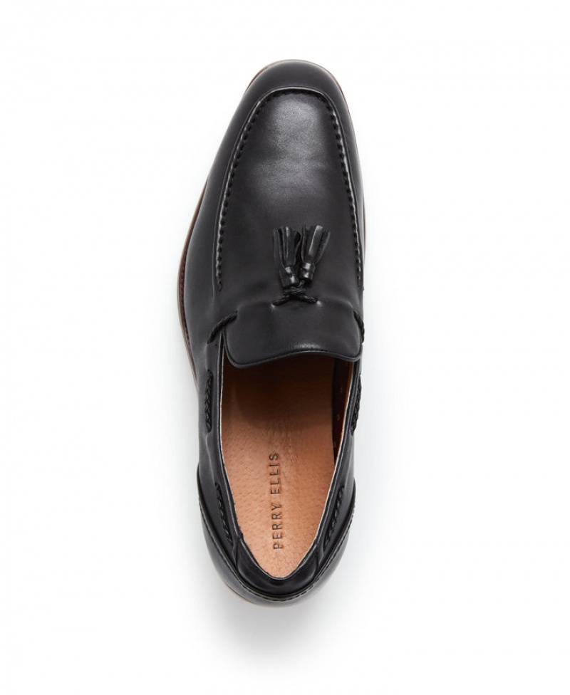 Perry Ellis Braided Leather Tassel Loafer Black | 736RUPSOY