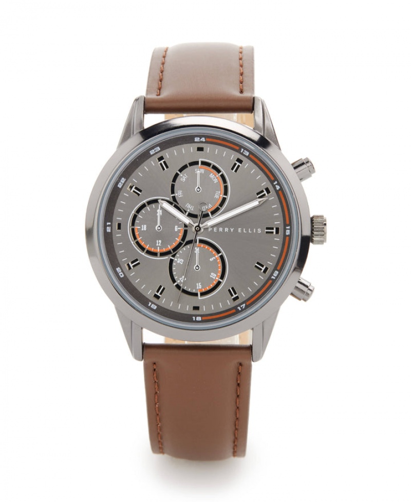 Perry Ellis Brown and Silver Metal Genuine Leather Band Watch Brown | 072IEMACB