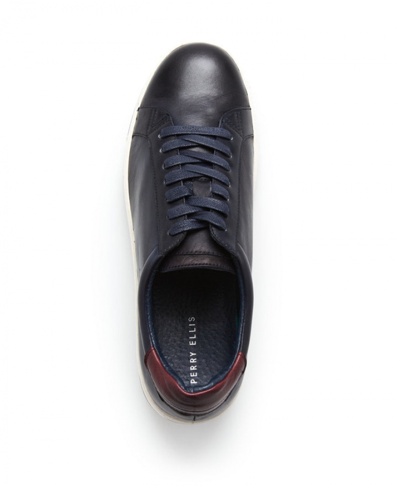 Perry Ellis Burnished Leather Sneaker Navy | 068EYOPZF