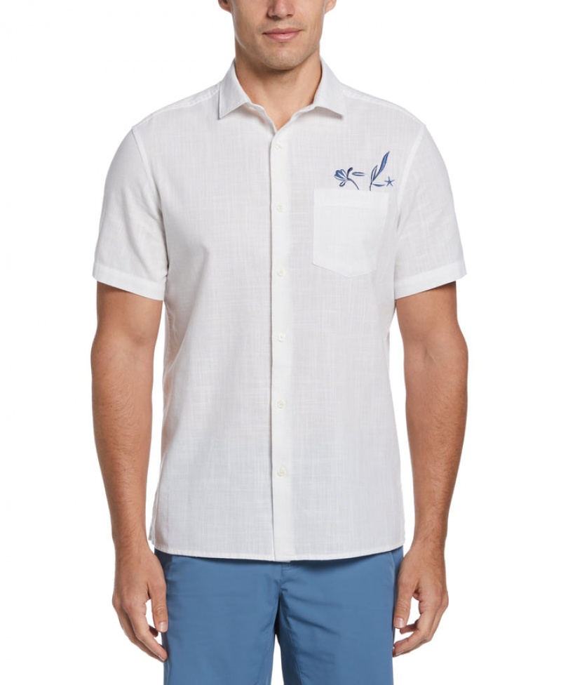 Perry Ellis Cotton Slub Embroidered Motif Shirt Bright White | 609NPFMKT