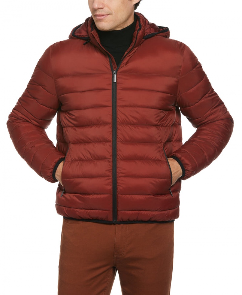 Perry Ellis Lightweight Hooded Puffer Jacket Fired Brick | 935PAOMBQ