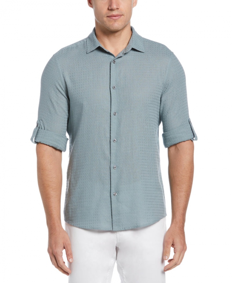 Perry Ellis Linen Blend Dobby Roll Sleeve Shirt Lead | 630HPDFQX