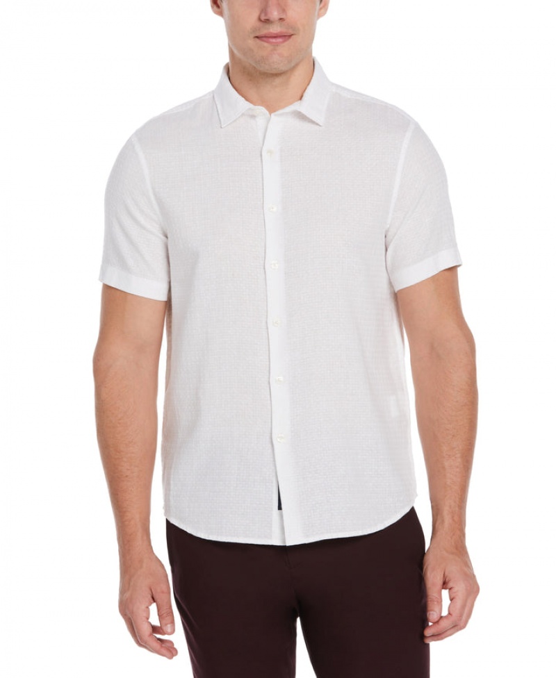 Perry Ellis Linen Dobby Short Sleeve Shirt Bright White | 176GMEAXJ