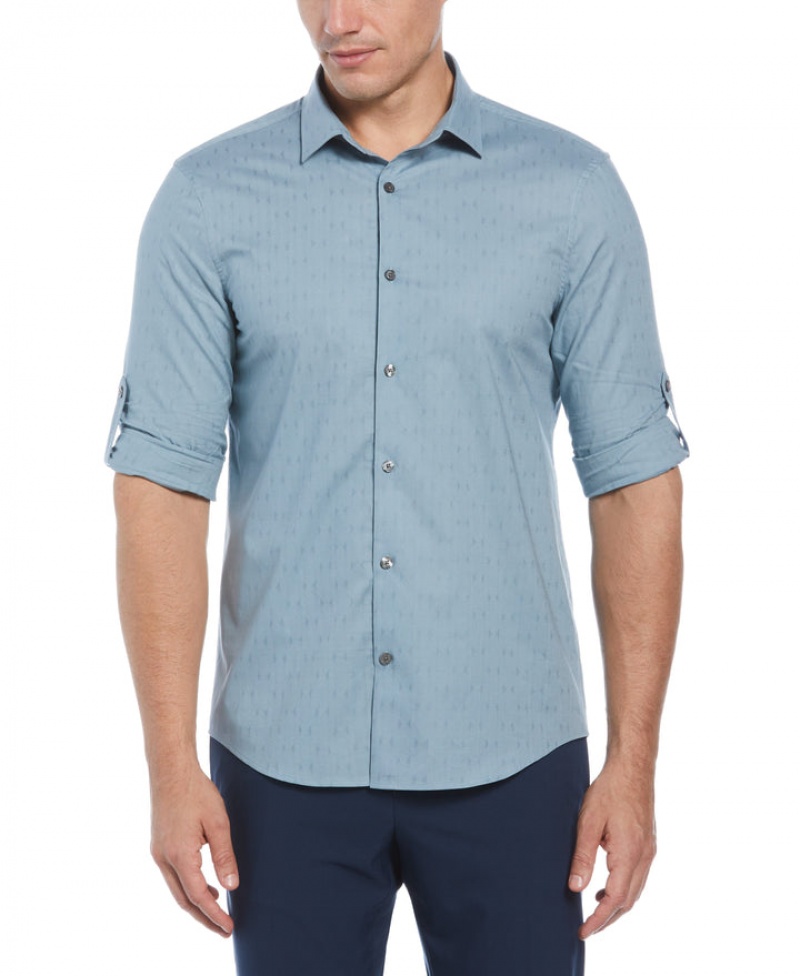 Perry Ellis NEW! Rolled Sleeve Cotton Shirt Citadel | 638GVTJFH