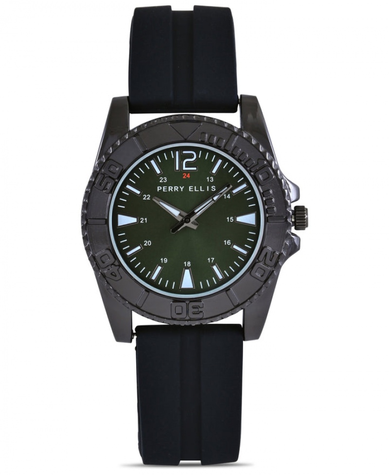 Perry Ellis NEW! Silicone Strap Sport Watch Black/Olive | 627MEGYCZ