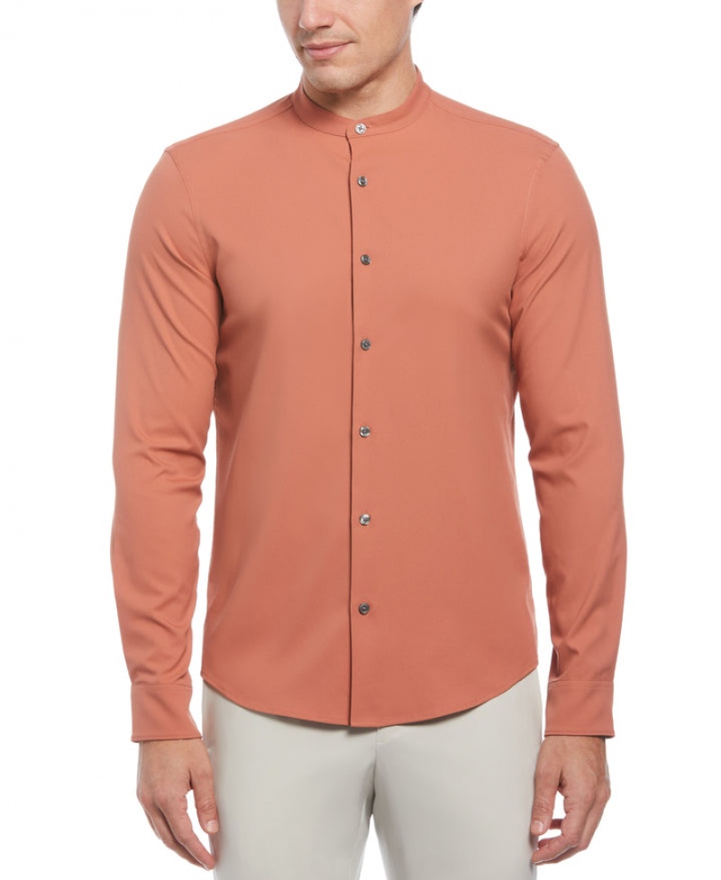 Perry Ellis NEW! Untucked Total Stretch Slim Fit Banded Collar Shirt Cedar Wood | 241PEGIWT