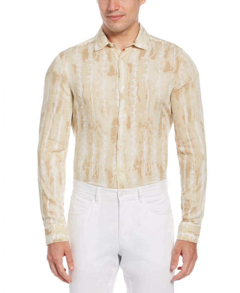 Perry Ellis Paint Stripe Soft Long Sleeve Button-Down Shirt Safari | 107ZYJUMN