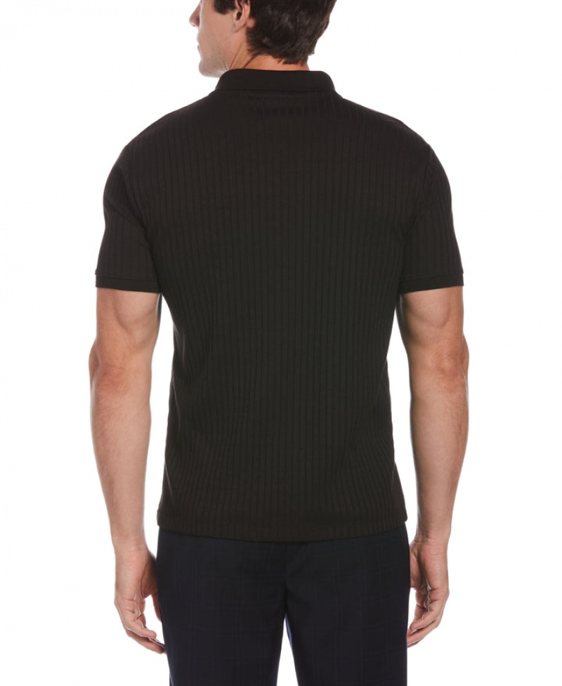 Perry Ellis Quarter Zip Ribbed Polo Black | 879XHKONP