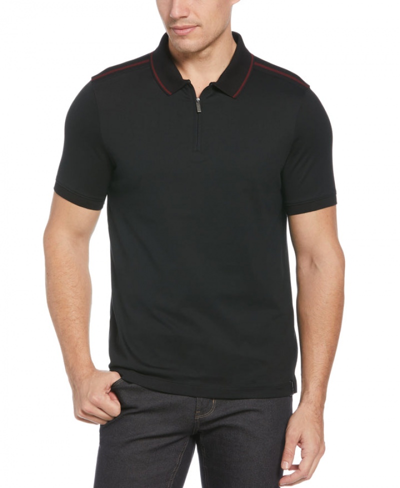 Perry Ellis Shoulder Tape Zip Polo Black | 624MDPZBY