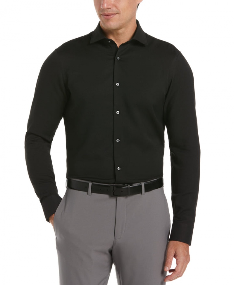 Perry Ellis Slim Fit Tech Textured Dobby Dress Shirt Black | 709MJQOFX