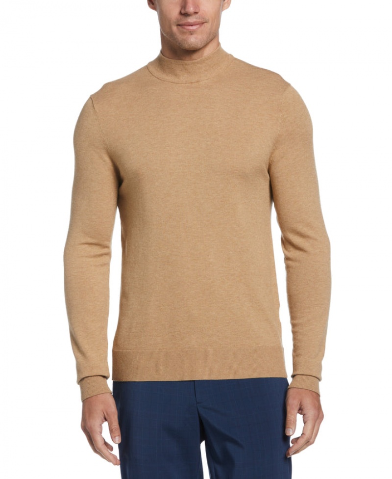 Perry Ellis Tech Knit Mock Neck Pullover Sweater Camel Heather | 845KTQUGR