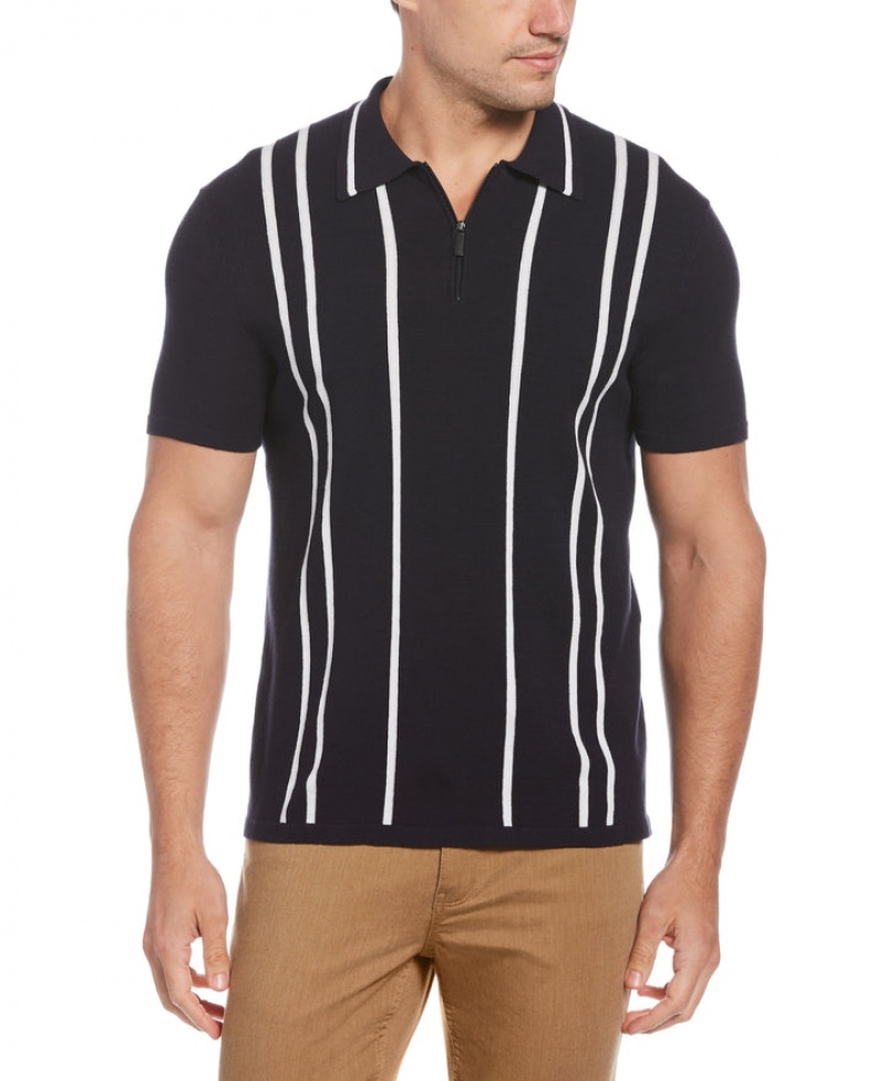 Perry Ellis Tech Knit Vertical Stripe Zip Polo Dark Sapphire | 847JXHUIB