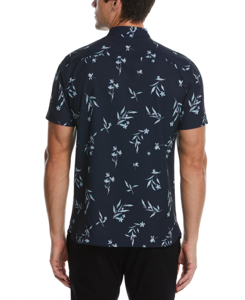 Perry Ellis Total Stretch Floral Print Banded Collar Shirt Dark Sapphire | 107QIEGOS