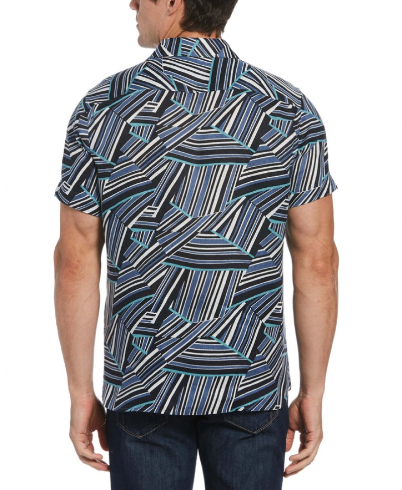 Perry Ellis Untucked Linen Blend Abstract Print Shirt Dark Sapphire | 248PXRDLA