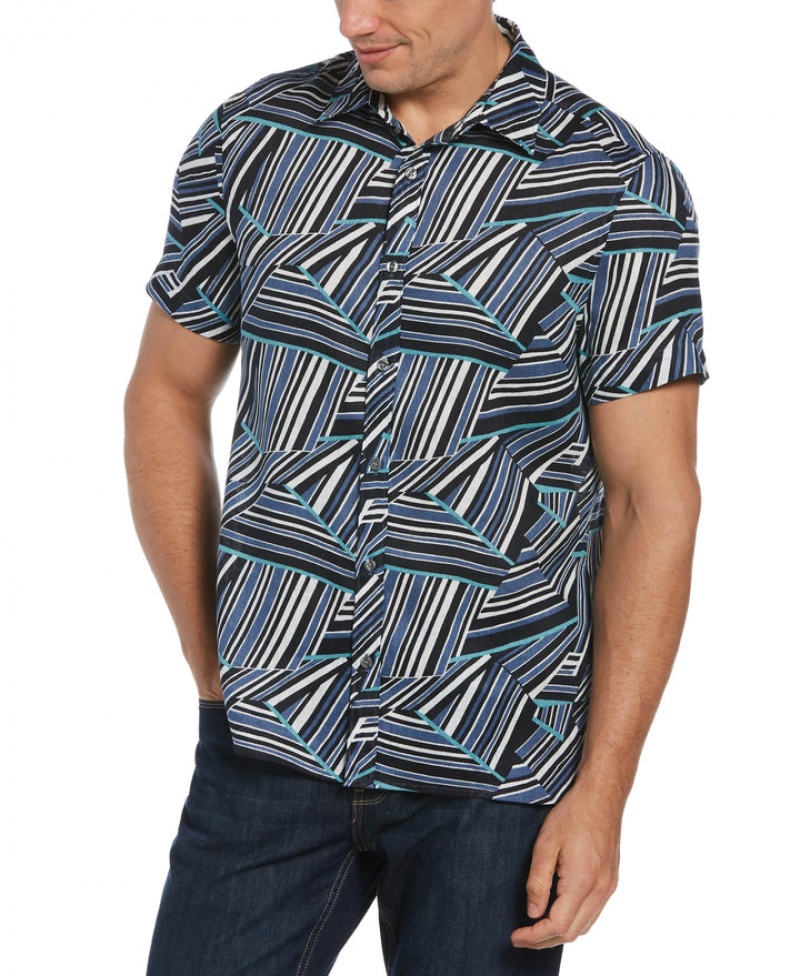 Perry Ellis Untucked Linen Blend Abstract Print Shirt Dark Sapphire | 248PXRDLA