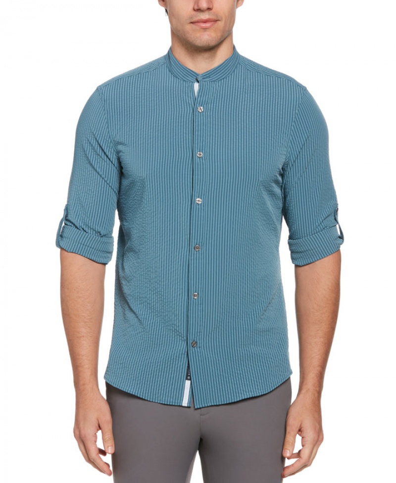 Perry Ellis Untucked Roll Sleeve Slim Fit Seersucker Stretch Shirt Copen Blue | 896TSNOYL