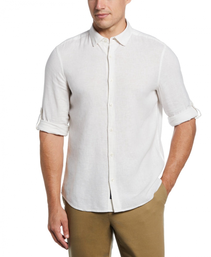 Perry Ellis Untucked Slim Fit Linen Blend Rolled Sleeve Shirt Bright White | 734AFGIVY