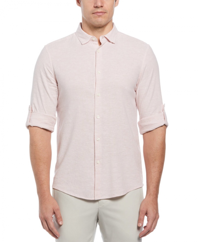 Perry Ellis Untucked Slim Fit Linen Blend Rolled Sleeve Shirt Sepia Rose | 748ELRAFD