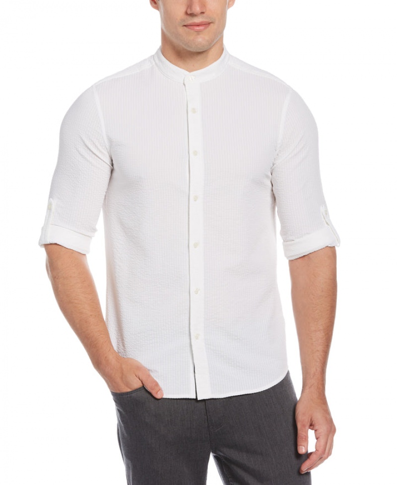 Perry Ellis Untucked Total Stretch Slim Fit Seersucker Shirt Bright White | 539OCAGLR