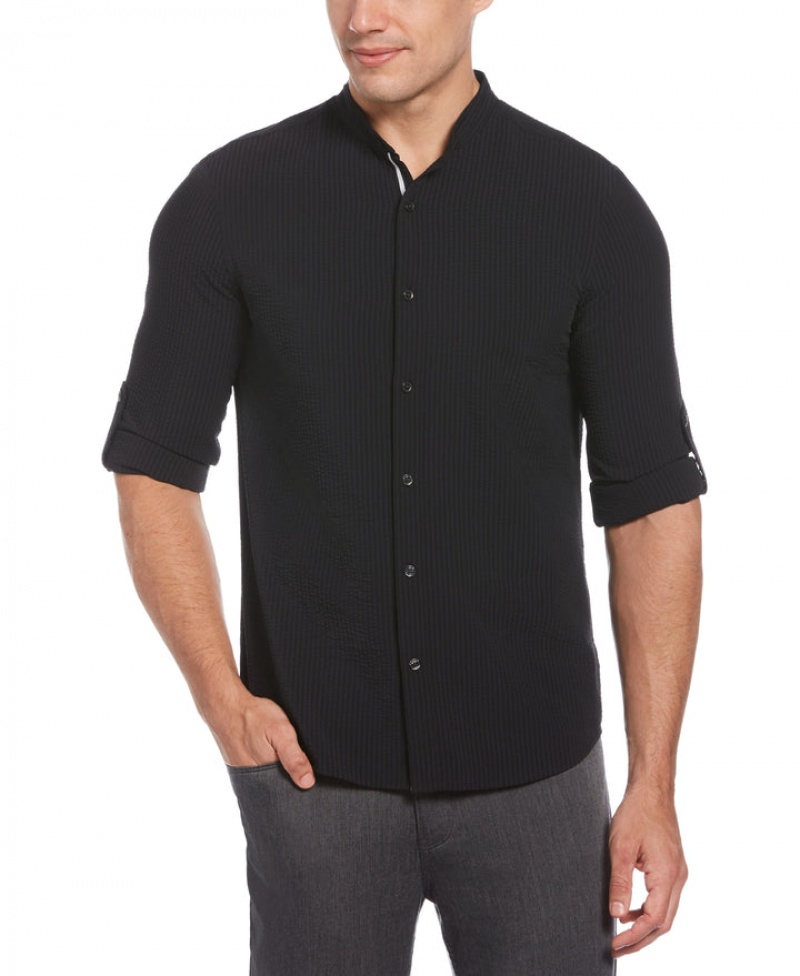 Perry Ellis Untucked Total Stretch Slim Fit Seersucker Shirt Black | 061SEHRCD