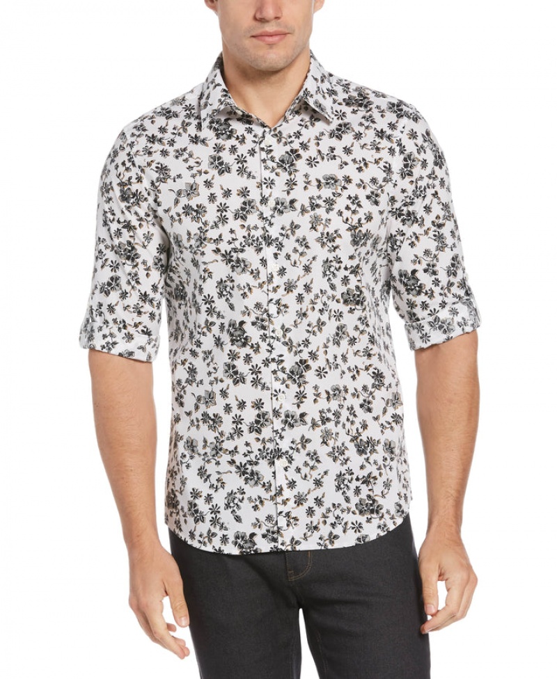 Perry Ellis Untucked Water Floral Printed Shirt Bright White | 871ENQBVG