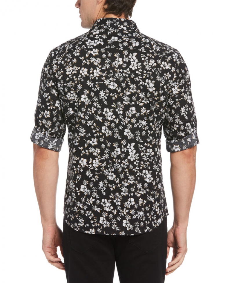 Perry Ellis Untucked Water Floral Printed Shirt Black | 985XJLRST